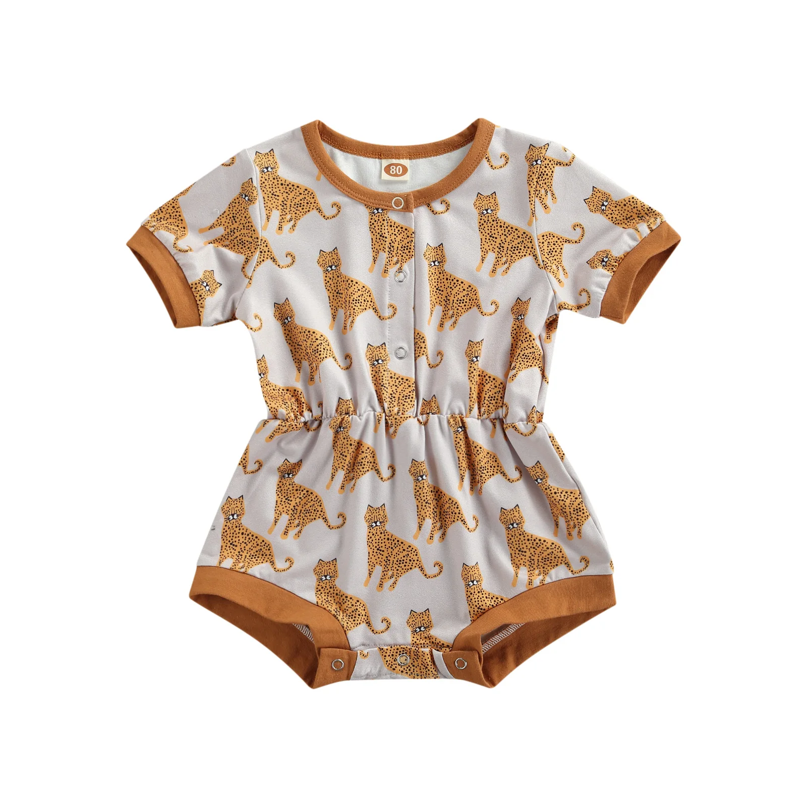 

Newborn Color Block Romper, Baby Boys Leopard Pattern Short Sleeve Round Neck Playsuit
