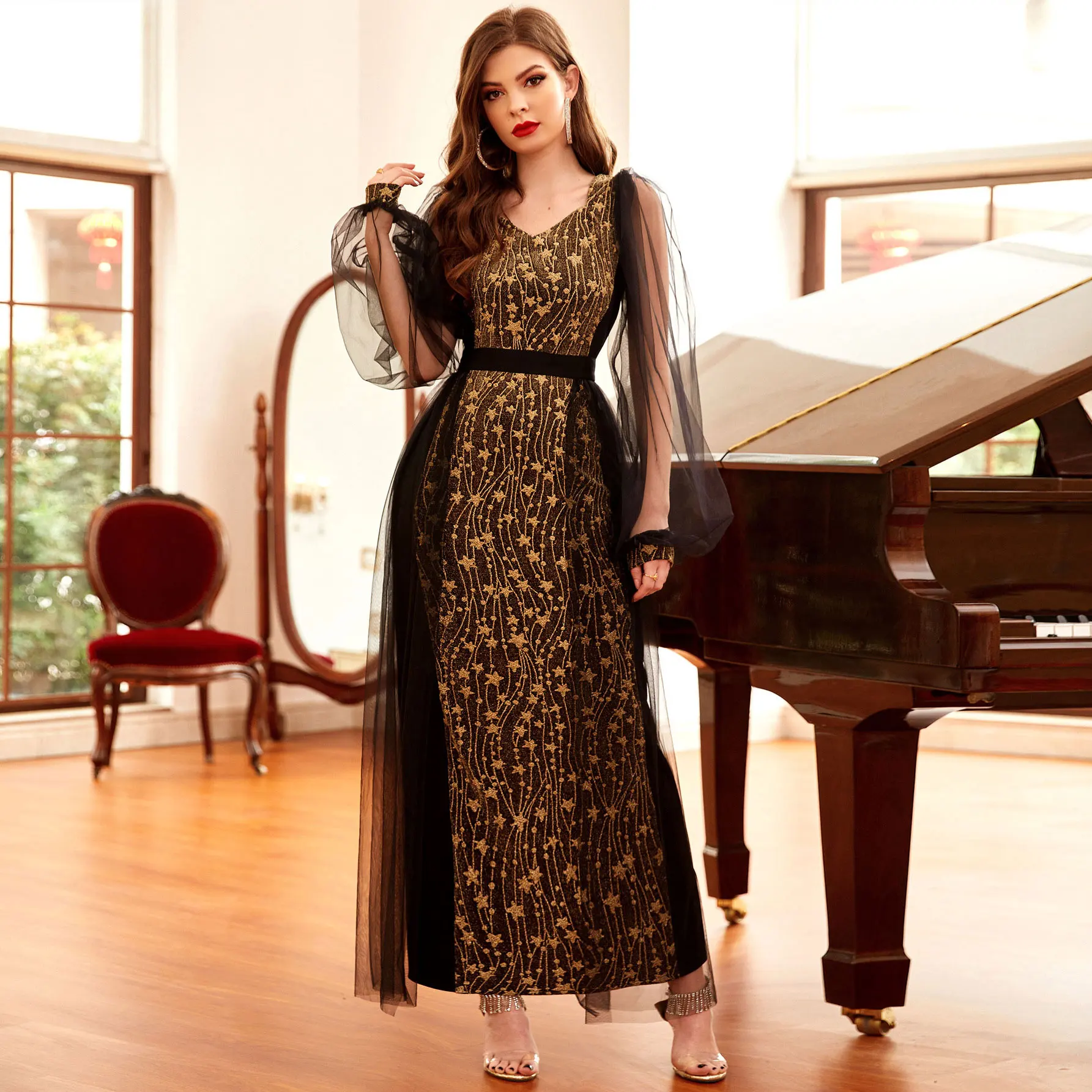 

Eid 2021 Women Stretchy Dress Long Fitted Knitting Fabric Jacquard Mesh Sleeve Dubai Arab Morocco Saudi Party Evening Gown Black