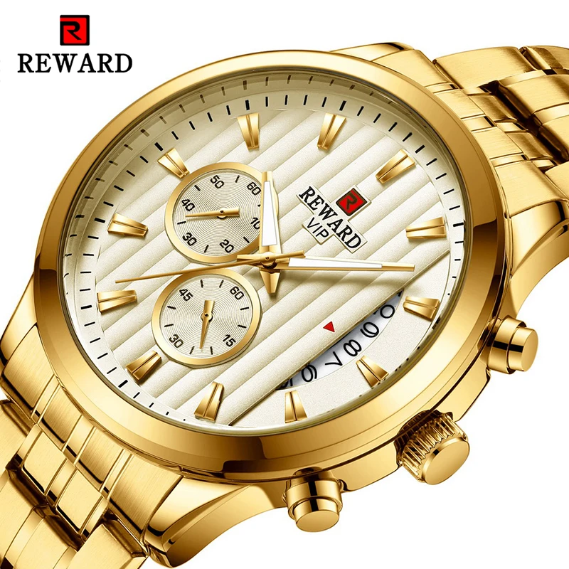 

REWARD 2020 Luxury Golden Watches for Men Quartz Movement Fashion Luminous Hands Complete Calendar Relogios Masculino