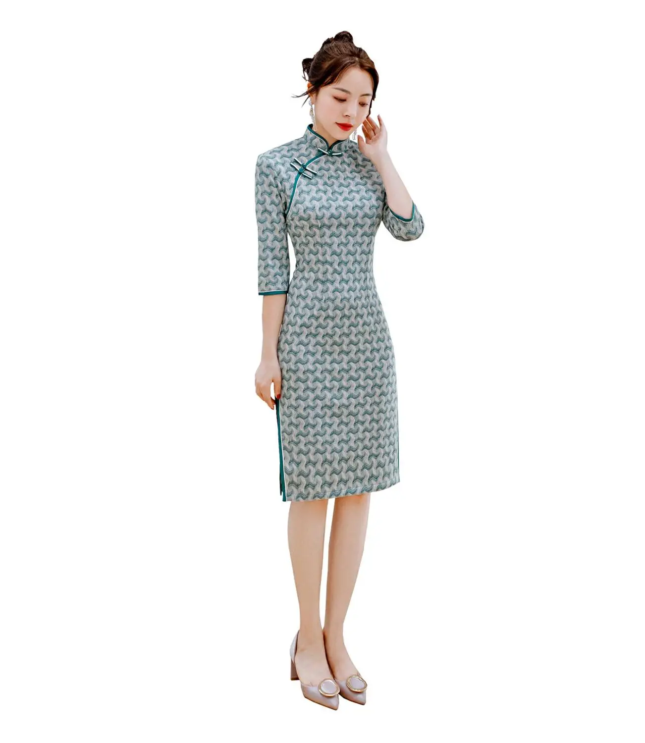 Шанхай история колено длина мода Cheongsam 3/4 рукав бархат Китайский Qipao