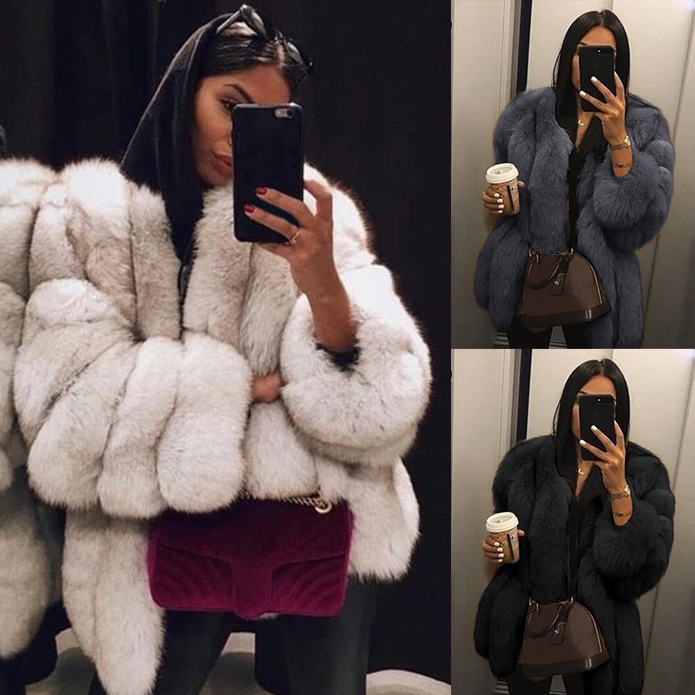 Зимняя женская пушистая куртка из искусственного меха большого размера