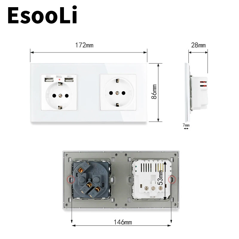Esooli черная настенная розетка стандарта ЕС роскошная стеклянная панель с 2