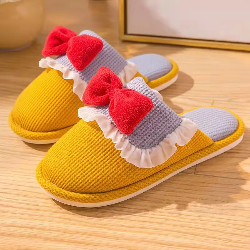 

Женские хлопковые тапочки в стиле принцессы, теплые домашние тапочки с бантом, нескользящая удобная обувь для студентов, Осень-зима