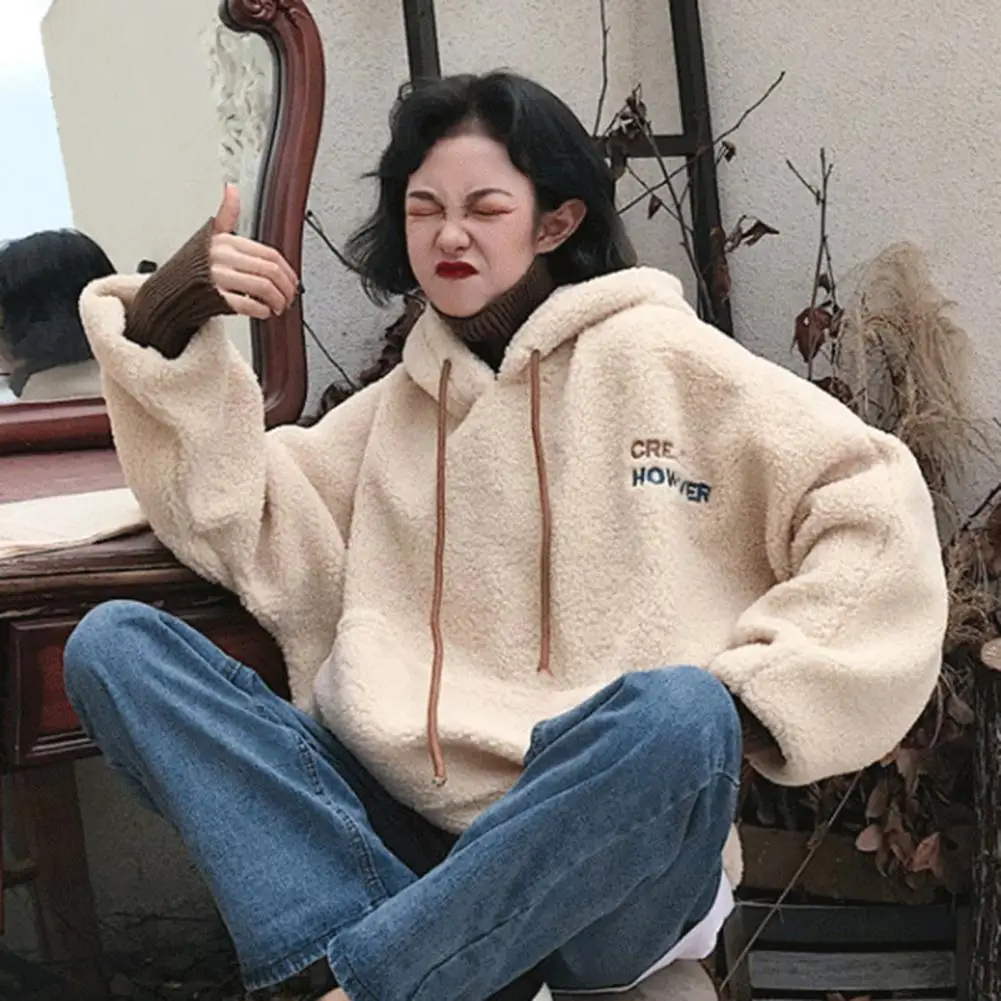 New Autumn Winter Thick Warm Coat Faux Fleece  Women Hoody Sweatshirt Solid Blue white Pullover Casual Tops Lady Loose