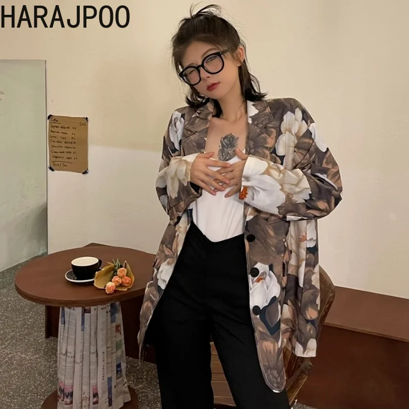 

Harajpoo Ladies Blazers Suit Jacket 2021 Autumn Korean INS Style Vintage Temperament Clothing Flowers Loose Casual Fashion Coat