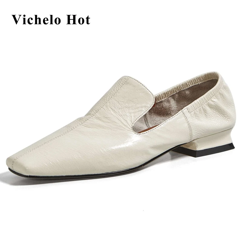 

Vichelo Hot handmade high quality full grain leather square toe low heel simple style elegant lady streetwear women pumps L23