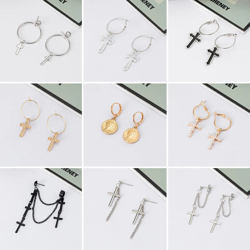 

New Fashion Vintage Silver Color Cross Hoop Earrings For Women Statement Simple Carved Portrait Drop Earrings 2023 Trend Jewelry