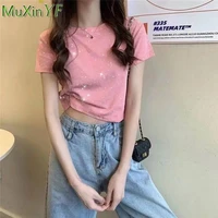 womens summer short t shirt 2021 korean girls student leisure o neck pink tops lades fashion creative trendy purple pullover