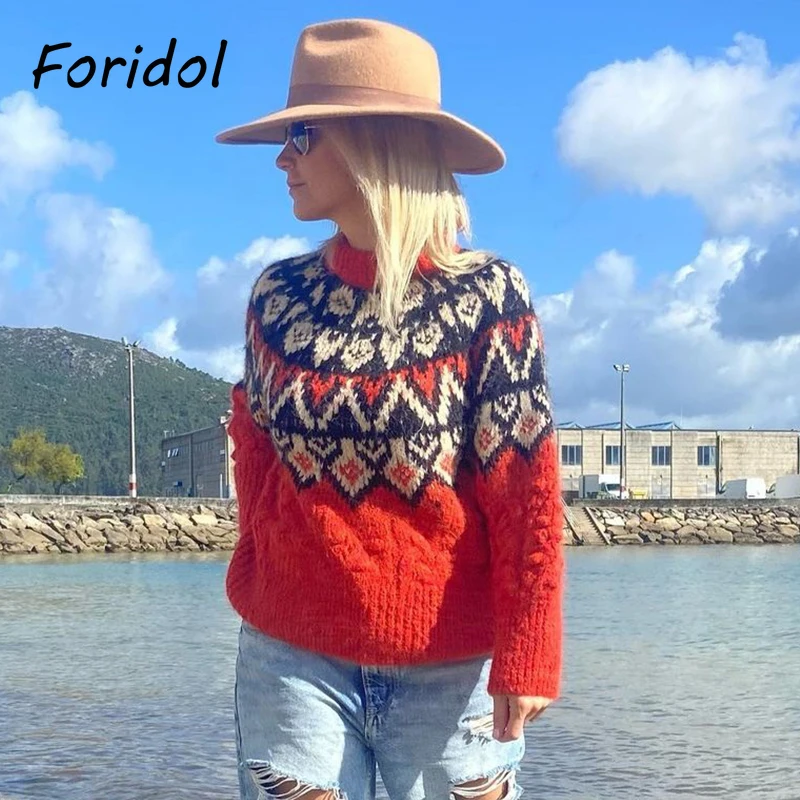 

Вязаный красный свитер Foridol с помпоном в английском стиле, женские пуловеры с рисунком ромбиками на осень и зиму, повседневный базовый джемп...
