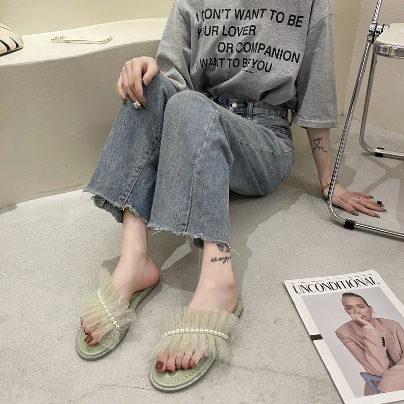 

String Bead Slippers Soft Shoes Woman 2021 Pantofle Low Lady Luxury Slides Comfort New Girl Flat Summer Designer PU Rubber