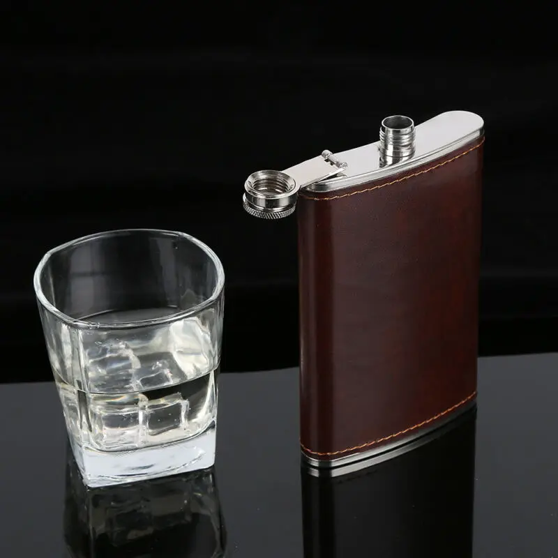5-10oz Portable Stainless Steel Hip Flask Flagon Whiskey Wine Pot Leather Cover Bottle + Funnel Travel Tour Drinkware Wine Cup