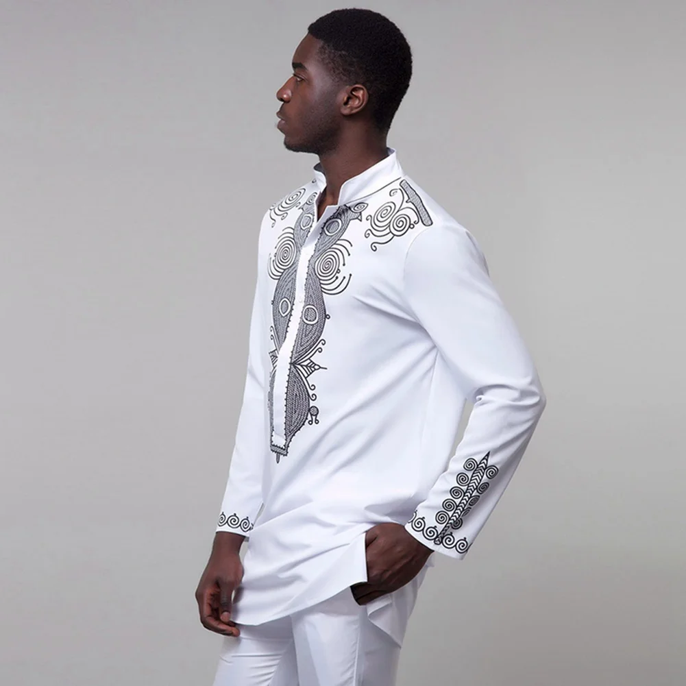 Opslea Dashiki африканская Мужская рубашка с длинным рукавом и стоячим воротником Bazin Riche с национальным этническим принтом Одежда Повседневная приталенная рубашка