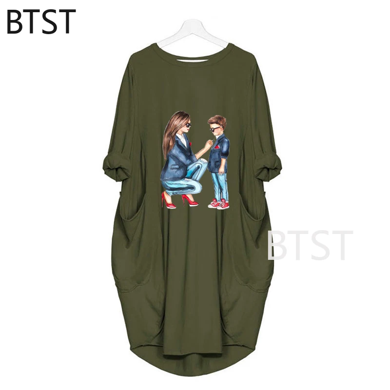

Fashion super mom and son Print long sleeve Dress Elegant Women Summer Party Dress Lady Casual O Neck T Shirt Dress mother gift