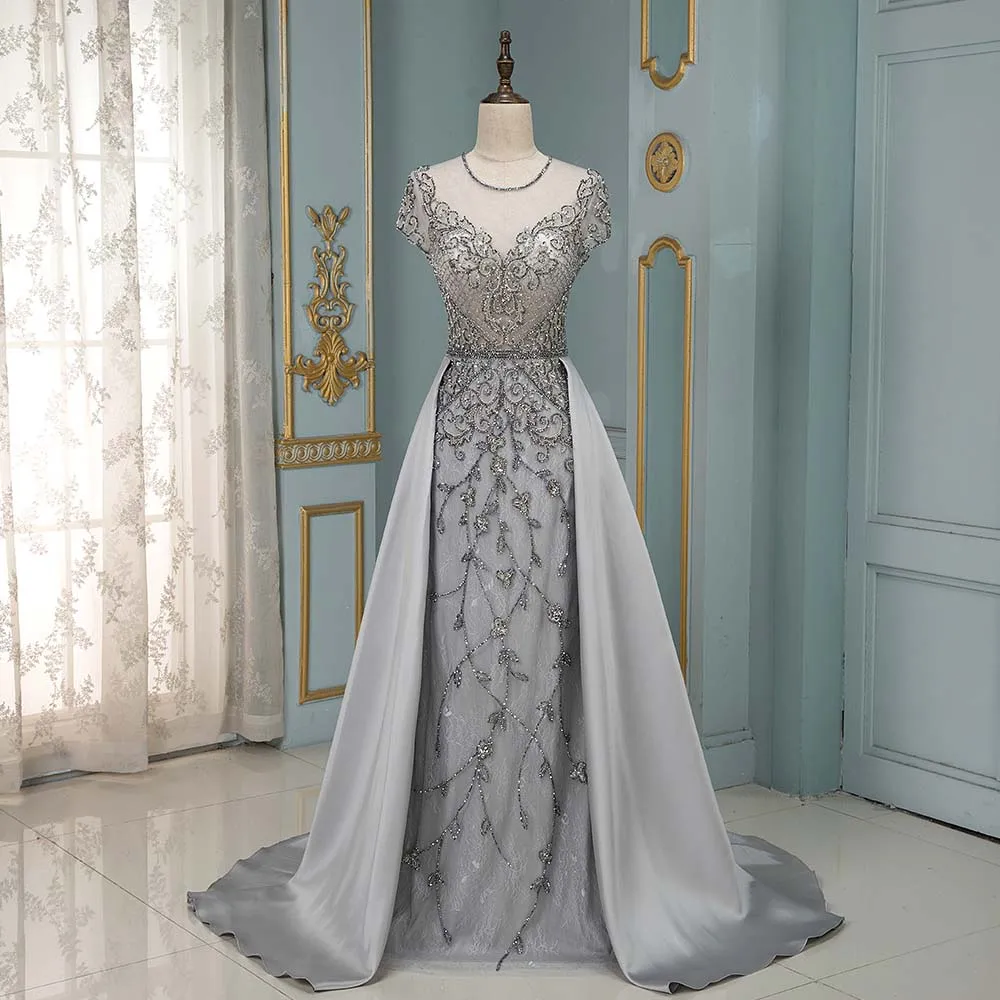 YQLNNE Couture/Серебристые стразы Вечернее платье Платье с круглым вырезом и рукавами