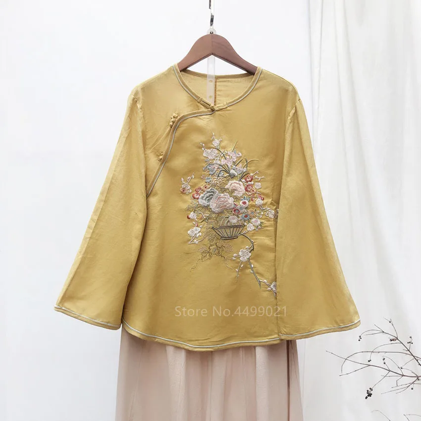 Традиционная женская льняная шифоновая рубашка топ в китайском стиле винтажная