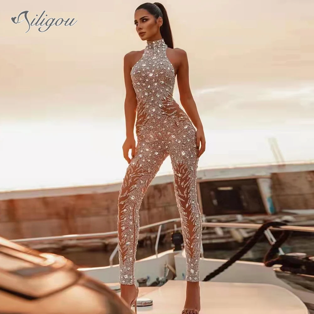 

Ailigou 2022 New Sexy Luxury Diamond Sequin Jumpsuit Women's Jumpsuit Elegant Party Club Jumpsuit Women's Jumpsuit