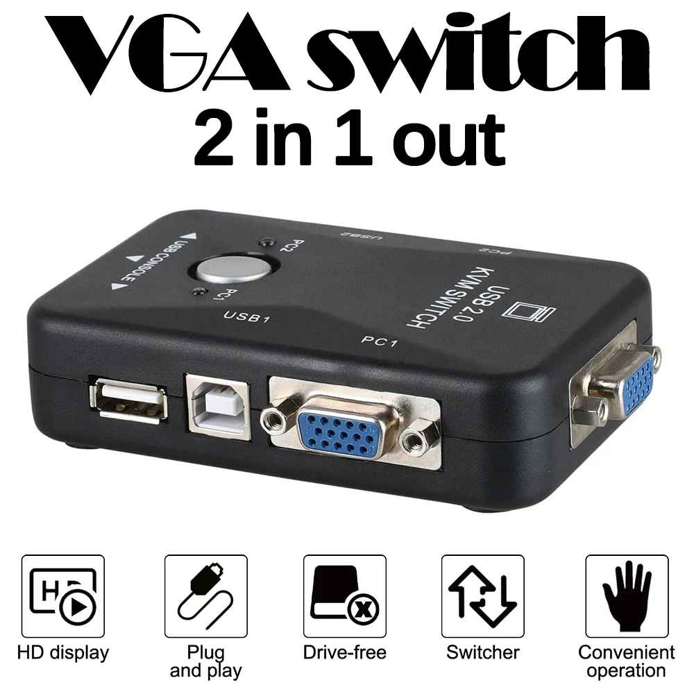 

2-Port USB 2.0 VGA KVM Switch with USB Hub Mouse/Keyboard/VGA Video Monitor 200MHz 1920x1440 for PC or Monitor Switching