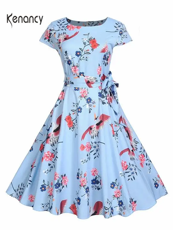 Kenancy Women Flower Print Vintage Dress Summer O-Neck Cap Sleeve High Waist Belted A-Line Party Female Casual | Женская одежда