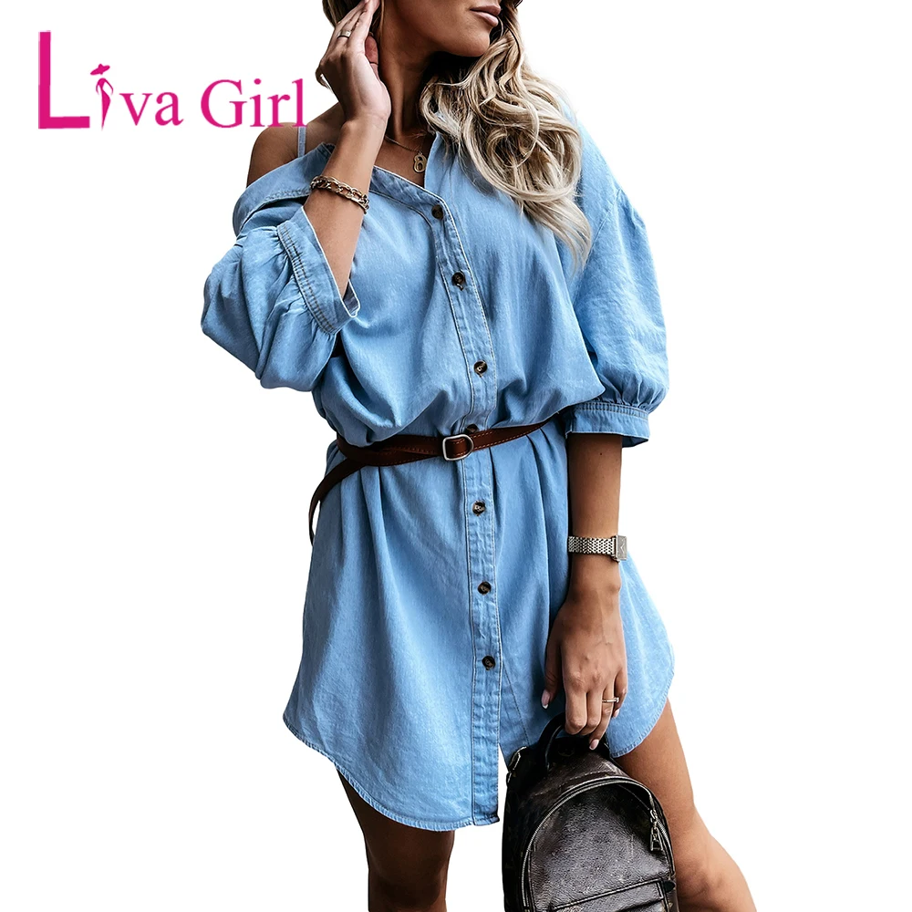 

LIVA GIRL Woman Sexy Asymmetric Cold Shoulder Denim Dress 2021 Spring Autumn Turn-down Collar Button Slim Solid Mini Dress S-XL