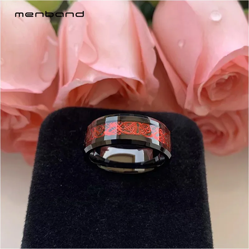 Черное кольцо из карбида вольфрама обручальное с драконом инкрустацией черного