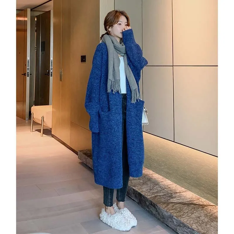 

Вязаный кардиган, пальто, женская длинная кофта, Осень-зима 2021, НОВЫЙ свободный синий свитер в Корейском стиле, свободная верхняя одежда