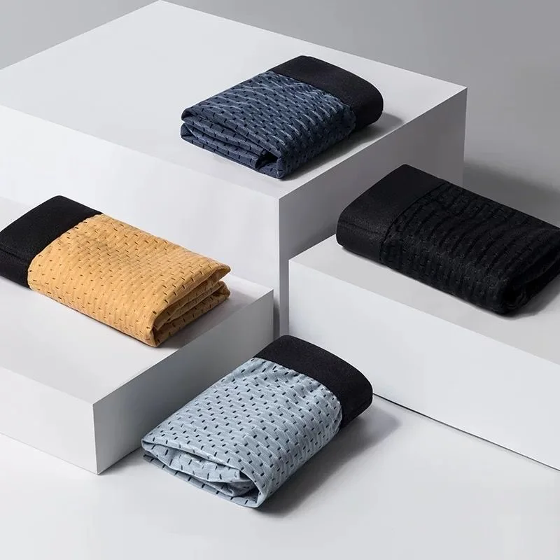 4pcs/Lot High Quality Men Underwear Ice Screen Hole Man Boxer Shorts Breathable Sexy Mid Waist Youth Large Size Boxer4XL 110kg