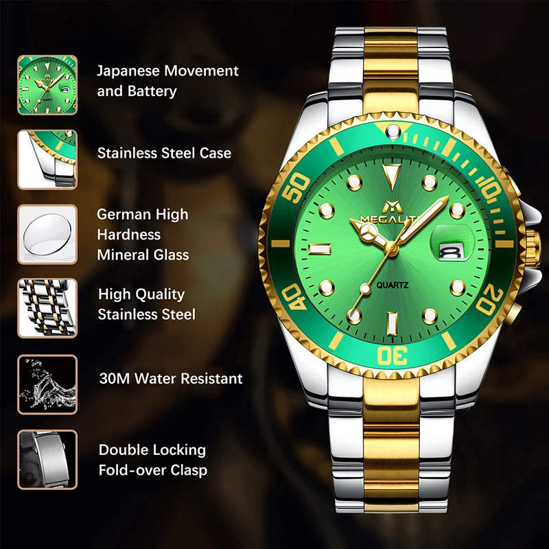 MEGALITH мужские роскошные часы водонепроницаемые Календарь Бизнес наручные Модные
