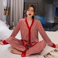 spring new women pajamas set faux silk lounge wear long sleeve 2pcs pijama suit sexy satin sleepwear casual intimate lingerie