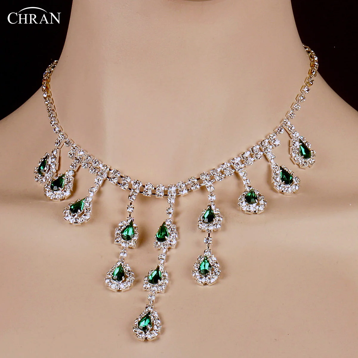 Женский комплект свадебных украшений Chran ожерелье и серьги с родиевым покрытием
