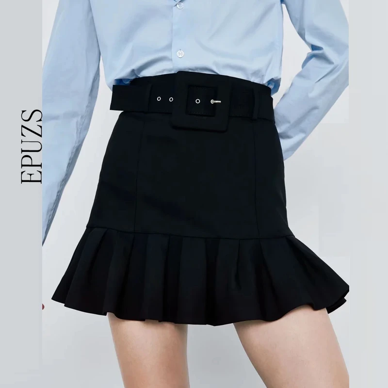 Сексуальная мини-юбка с поясом и оборками женская черная юбка высокой талией 2020