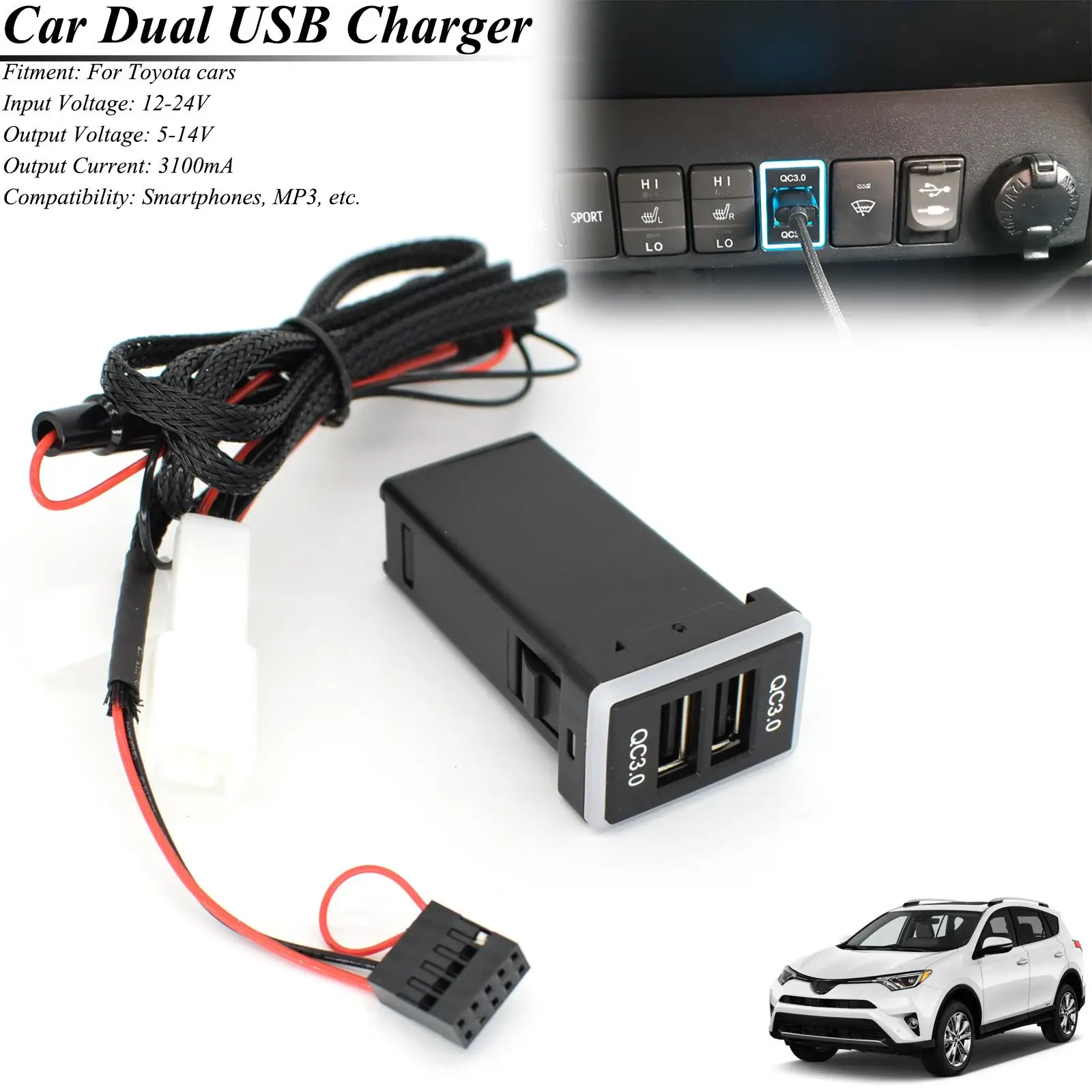 

For Toyota Camry Collora RAV4 Yaris Car Charger QC3.0 Dual USB Port Phone Quick Charging Adapter Outlet LED Light Auto Styling