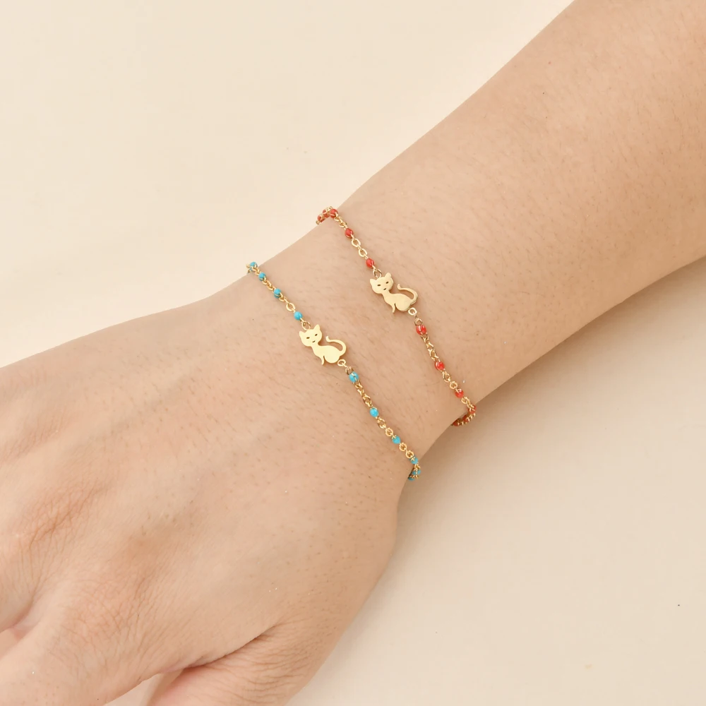 

ZMZY 8PCS/Set Lots Mixed Boho Enamel Chain Stainless Steel Dainty Cat Charm Bracelet For Women Wholesale Jewelry Femme