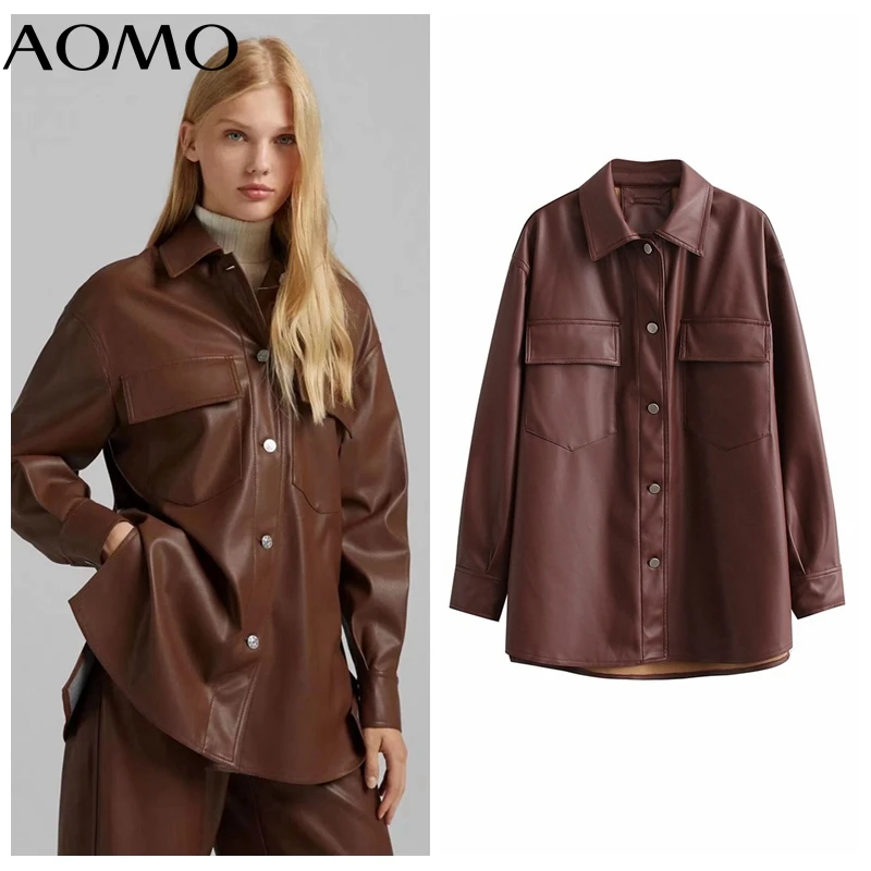 

Куртка AOMO женская из искусственной кожи, Свободное пальто оверсайз с отложным воротником и длинным рукавом для друга, CH20A
