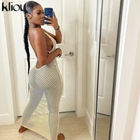 kliou solid sexy maxi dress sexy see through women midnight style sleeveless backless female party clubwear apparel no panties