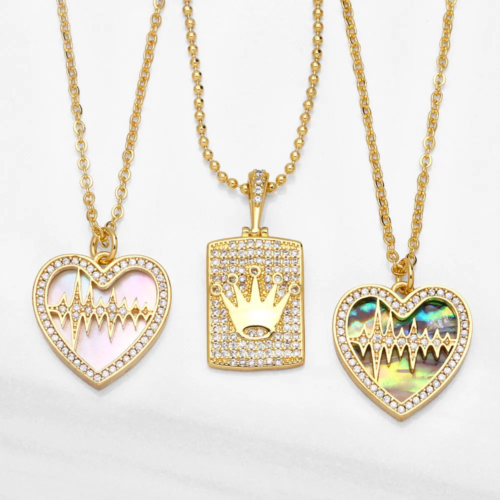

Elegant Gold Plated Shell Heart ECG Charm Necklace Copper Inlaid Zirconia Square Crown Pattern Pendant Choker Neck Jewelry Gift