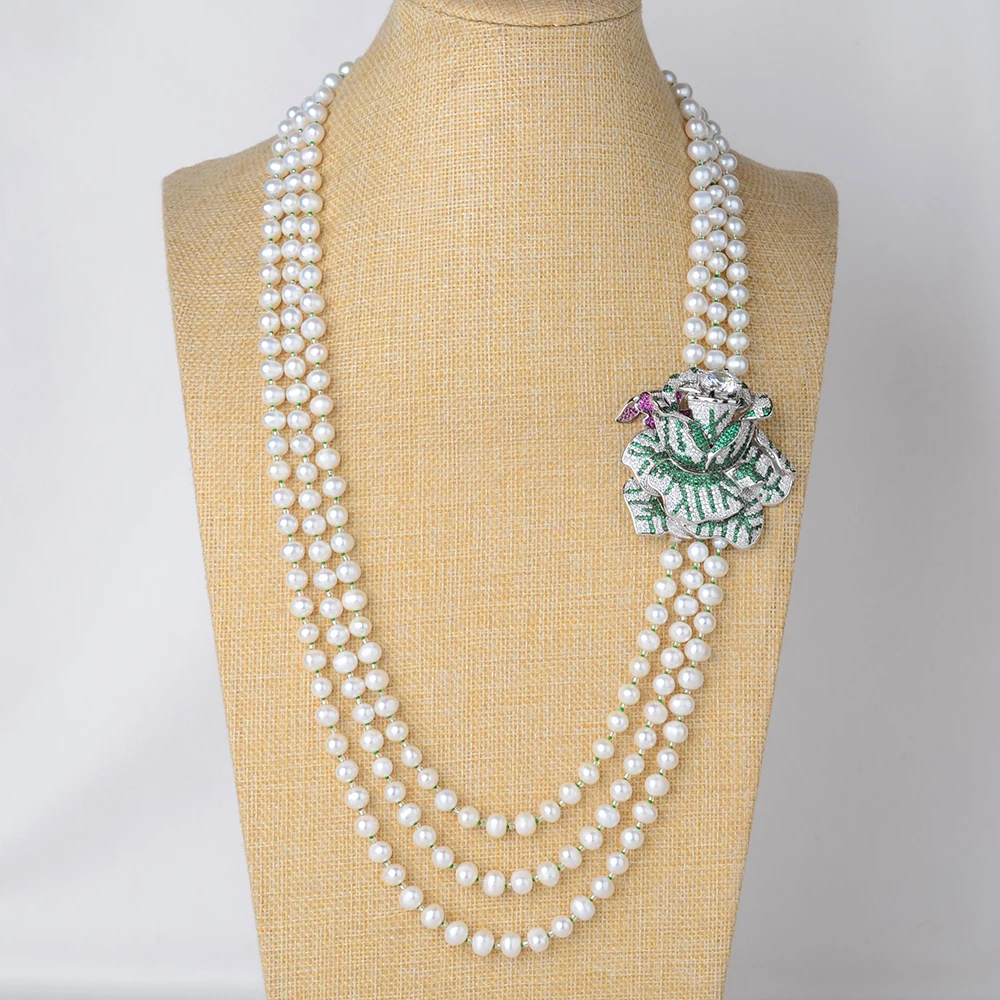 28''-32'' 3 Strands White Pearl Flower CZ Connector Necklace