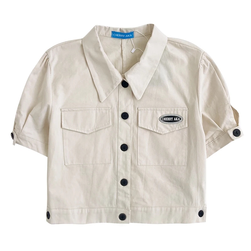 

2021 Spring Women Short Jacket Short Sleeve Letter Embroidery Pocket Label Lapel Breasted Fit Slim Shirt