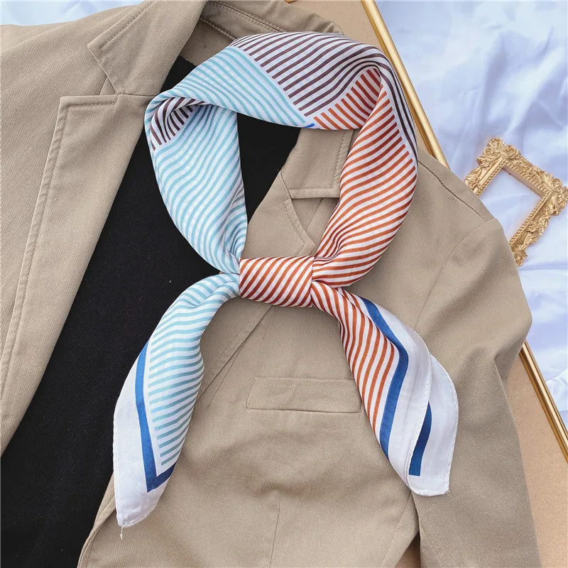 

New 2022 Silk Hair Scarf Women Foulard Neck Wrap Square Kerchief Soft Bandana Lady Head Brand stripe Scarves Hijab Pashmina