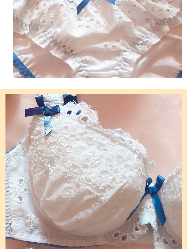 Soft Sister Fresh Lolita Hollow Petals Lace Embroidery Underwear Set Cute Sweet Ruffle Women's White Underwire Bra & Brief Set
