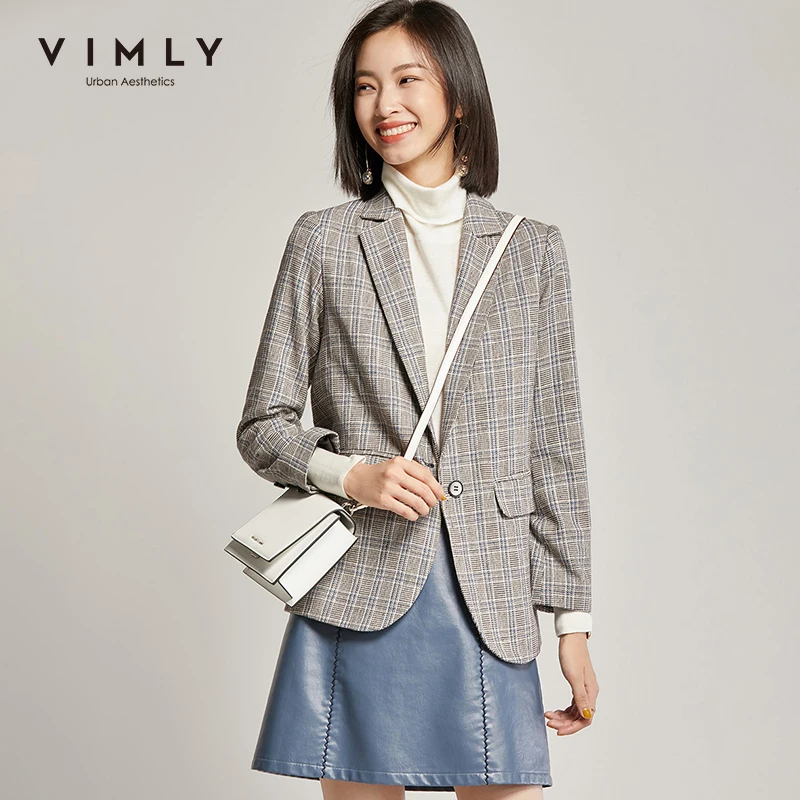 Vimly Женский блейзер Осень Зима Ретро отложной воротник в клетку на одной пуговице