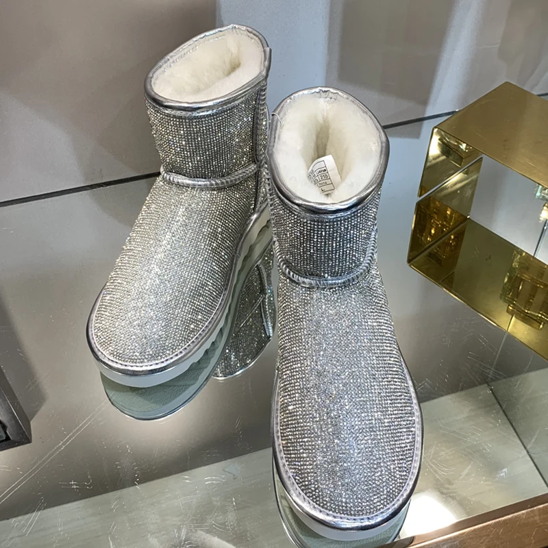 Зимняя обувь женские зимние ботинки с мехом блестящая кожаная теплые блестящие