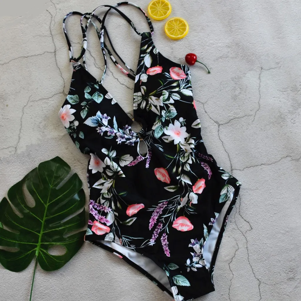 Слитный купальник с принтом для женщин Цветочный бандаж монокини купальный