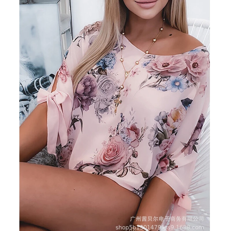

WEPBEL Fashion Short Sleeve T-shirt Women's Casual Floral Printed Loose T-shirt Summer O-Neck T-shirt Top