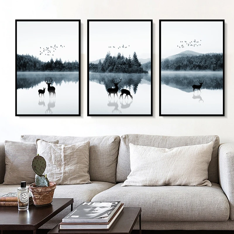 Холст плаката печати живописи "Северное оформление" с изображением семьи оленей в лесном пейзаже для украшения гостиной домашнего офиса - 2-34 дюйма.