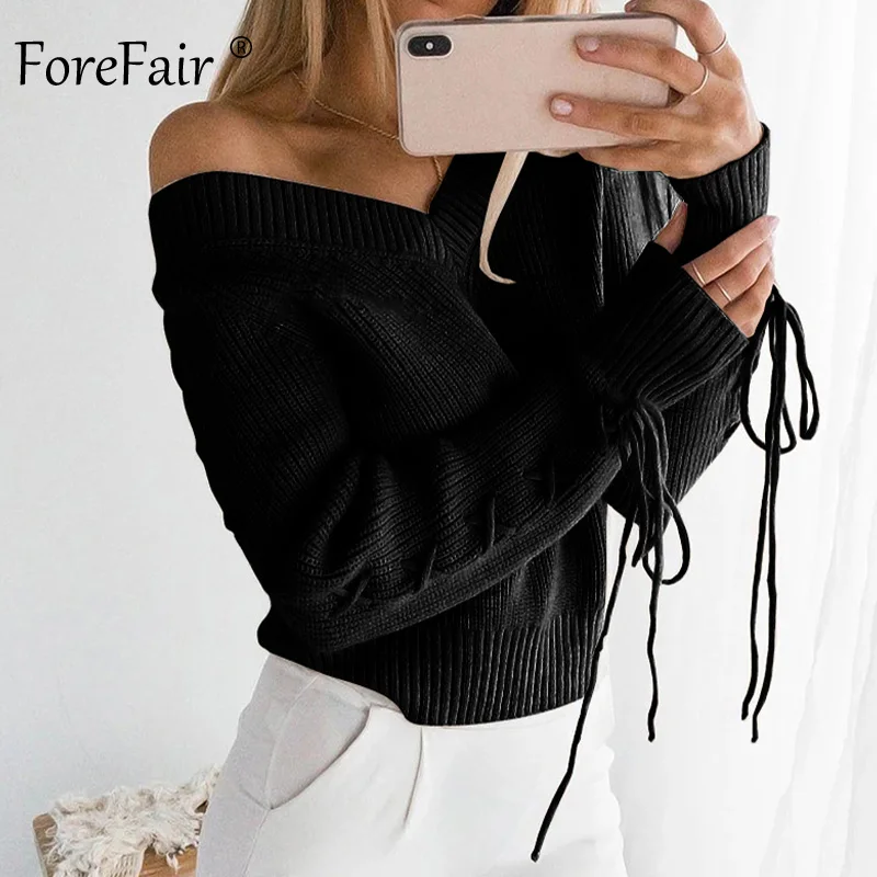 Forefair, на шнуровке, бандаж, вязаный, сексуальный свитер, женский, зимний, v-образный вырез, топы, модный, крест, бант, завязывается, тонкий, Повседневный, укороченный, джемпер для женщин - Цвет: Black Sweater