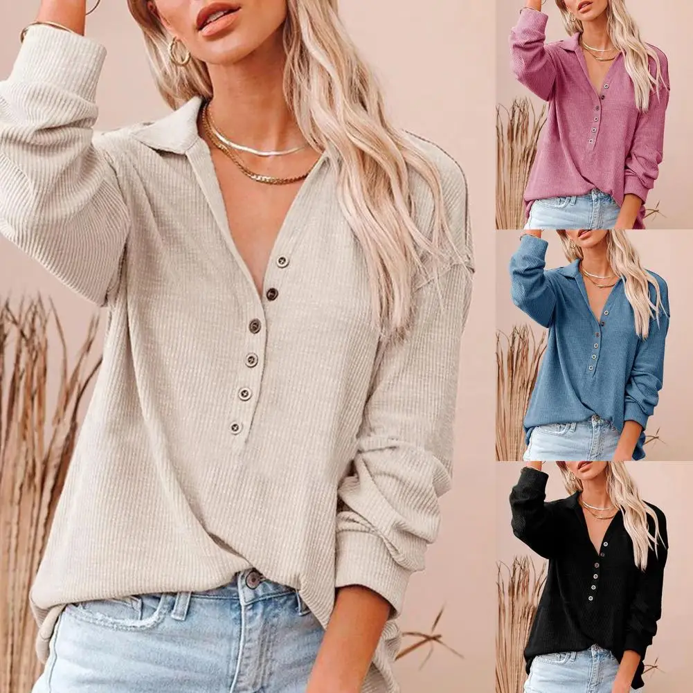 

Women Blouse Solid Color Lapel Autumn Winter Single-breasted Half Cardigan Long Sleeve T-shirt Streetwear