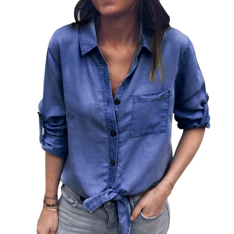2019 повседневная женская синяя блузка с длинным рукавом и отложным воротником