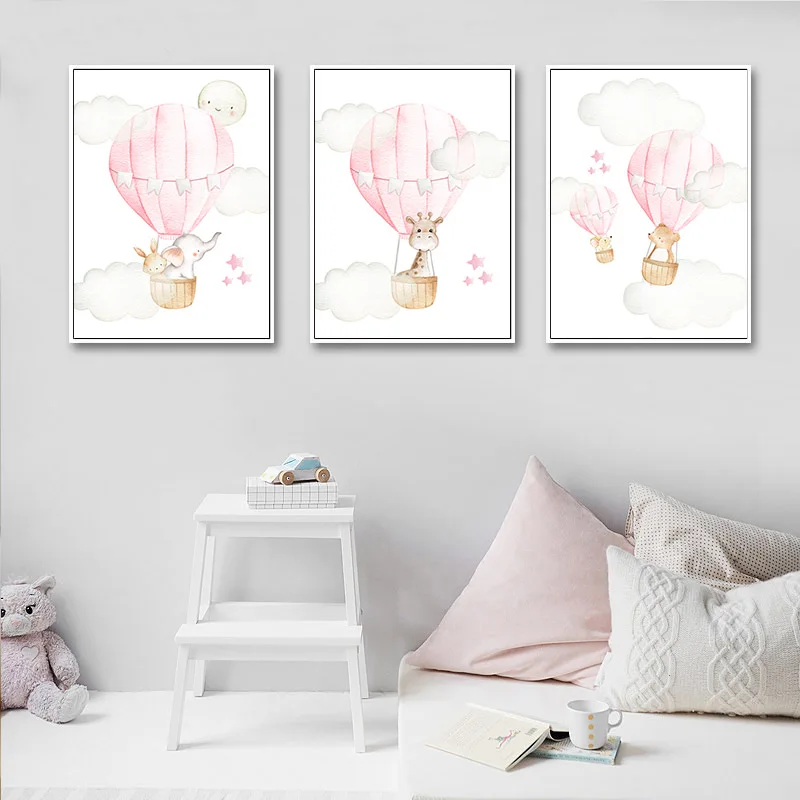 Baby Nursery Girl Wall Art Canvas Poster Pink Balloon Animal Travel Print Painting Nordic Kid Child Bedroom Decoration Picture | Дом и сад