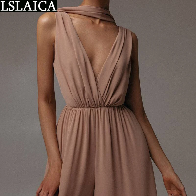 

Wholesale Items Junpsuits for Women Solid Color Deep V Neck Sleeveless Sexy Jumpsuit for Women Plus Size Wide Leg Pants Summer