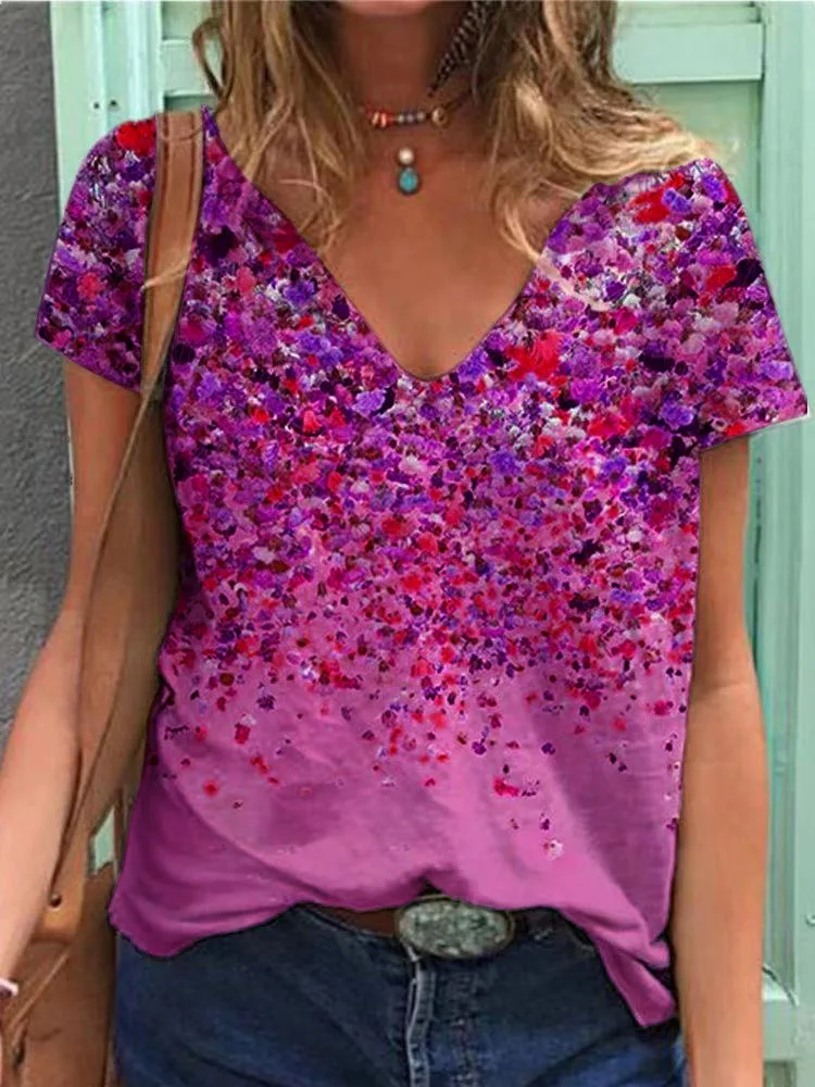 

Women Classic Floral Degital Print V-neck T-shirt Top Summer New Short Sleeve Casual Loose Tee Pullover Streetwear Plus Size 5XL